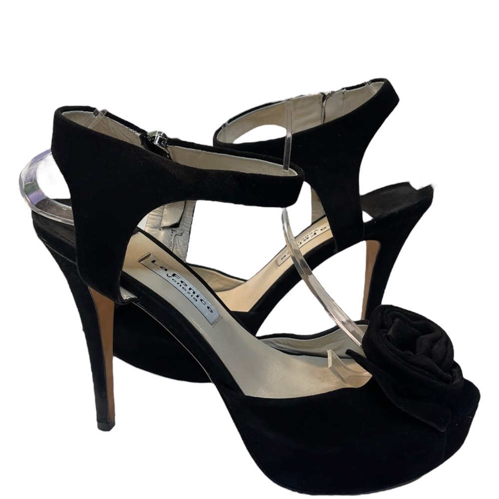 LA FENICE Slingback Sandals Stiletto Heel Black Suede Rose Detail Size 8.5